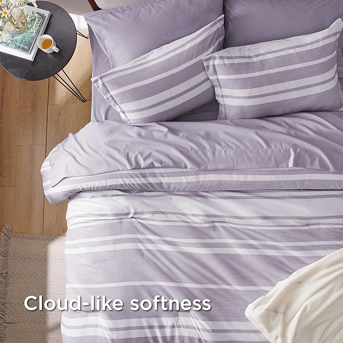 Bedsure Bed in a Bag Twin Size 5 Pieces, Purple White Striped Bedding Comforter Sets All Season Bed Set with 1 Pillow Sham, Flat Sheet, Fitted Sheet and 1 Pillowcase