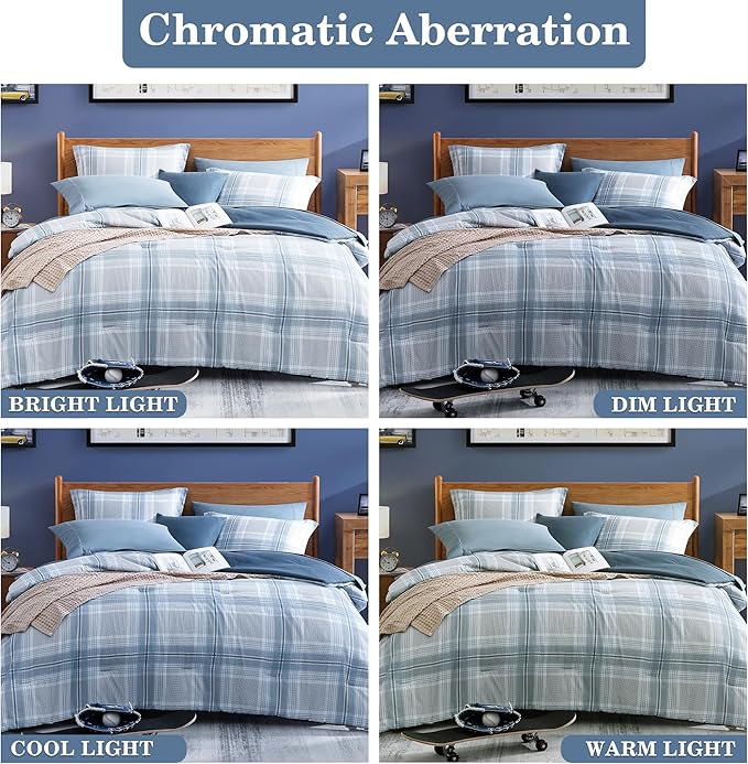 Light Blue Twin Bed Set, Plaid Twin XL Comforter Set for Boys & Girls,Classic Homestead-style Twin Comforter Set with Sheets and Comforter Set