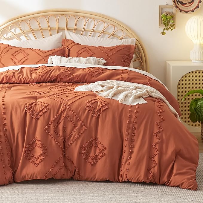 Bedsure Boho Comforter Set King - Terracotta Tufted Bedding Comforter Set, 3 Pieces Farmhouse Shabby Chic Embroidery Bedding Set, Soft Geometric Pattern Comforter for All Seasons