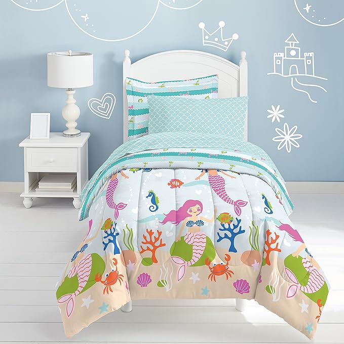 dream FACTORY Kids 7-Piece Complete Set Easy-Wash Super Soft Microfiber Comforter Bedding, Full, Light Blue Mermaid Dreams