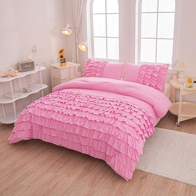 Pink Comforter Queen Set for Girls, 3 Pieces Lightweight and Soft Comforter (1 Ruffle Comforter and 2 Pillowcases), All Season Use Microfiber Bedding Comforter Set
