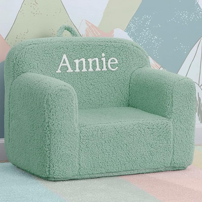 Delta Children Personalized Sherpa Cozee Chair - Customize with Name – Foam Kids Chair for Ages 18 Months and Up, Sage