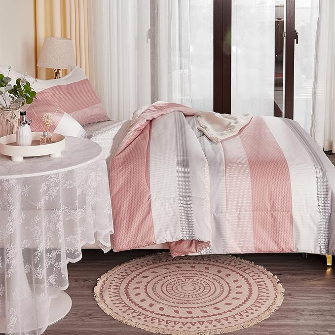 Litanika Pink California King Comforter Set - 3 Pieces Blush Cal King Oversized Lightweight Summer Colorblock Stripe Bedding Set (104x96In, 2 Pillowcases)