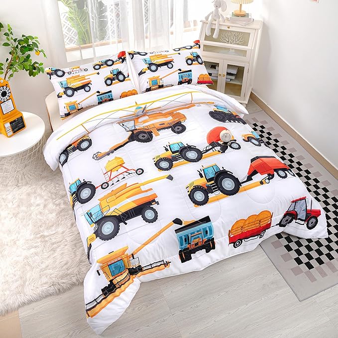 CVHOUSE Tractor Bedding Sets for Boys,Excavators Comforter Twin,Boys Cartoon Truck Comforter Set,Trucks Tractors Cars Quilt Set with 1 Comforter and 2 Pillow Cases- 3 Piece