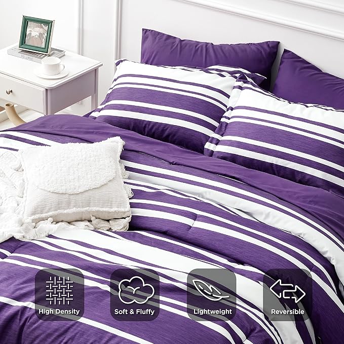 Bedsure Bed in a Bag King Size 7-Piece Purple White Striped Bedding Comforter Sets All Season Bed Set, 2 Pillow Shams, Flat Sheet, Fitted Sheet and 2 Pillowcases