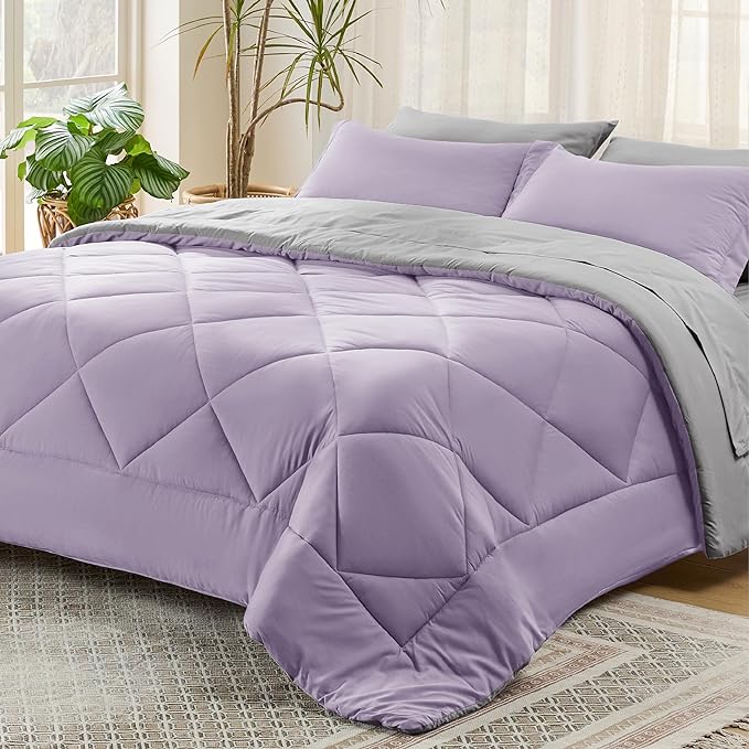 Bedsure Light Purple King Size Comforter Set - 7 Pieces Reversible King Bed in a Bag, King Bed Set Light Purple and Grey with Comforters, Sheets, Pillowcases & Shams