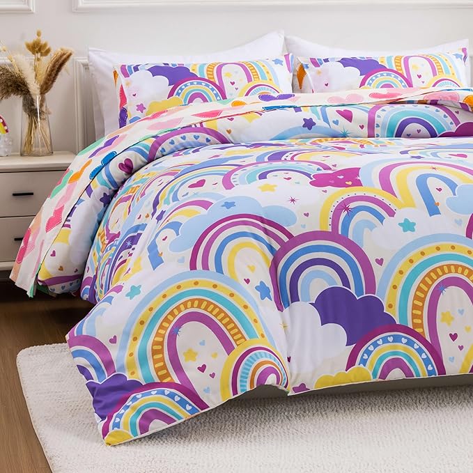 Btargot Lightweight Soft 3 Piece Rainbow Comforter Set with 2 Pillow Covers, Cartoon Love Hearts Flowers and Sun Star Bedding Set for Girls Boys Kids,Full Light Purple