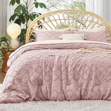 Bedsure Full Size Comforter Set - Dusty Rose Comforter, Boho Tufted Shabby Chic Bedding Comforter Set, 3 Pieces Vintage Farmhouse Bed Set for All Seasons, Fluffy Soft Bedding Set with 2 Pillow Shams