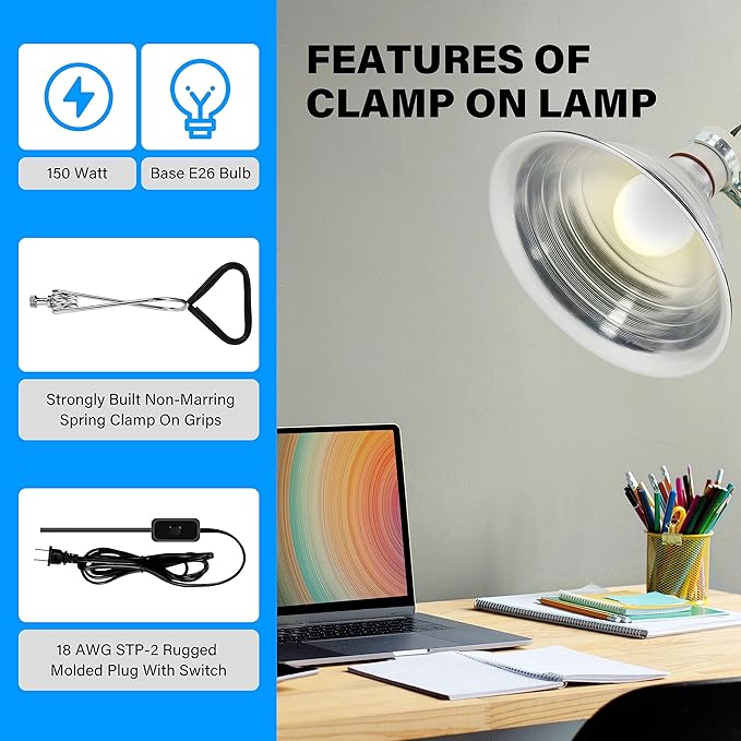 Simple Deluxe Clamp Lamp Light with Ceramic Base, 8.5 Inch Aluminum Reflector and 6 Feet Power Cord for Heat Lamp & Work Light, 2023 New Version
