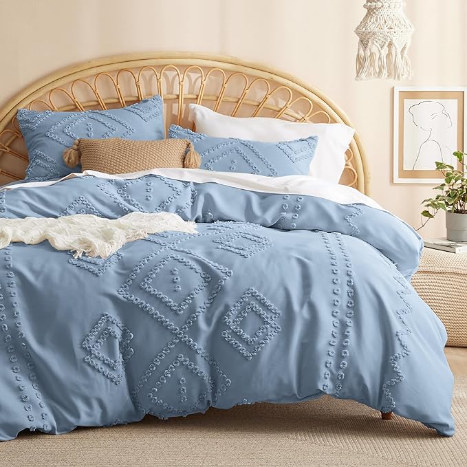 Bedsure Boho Comforter Set King - Mineral Blue Tufted Bedding Comforter Set, 3 Pieces Farmhouse Shabby Chic Embroidery Bedding Set, Soft Geometric Pattern Comforter for All Seasons
