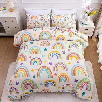 Btargot 3 Piece Kids Rainbow Comforter Set with 2 Pillow Covers, Cartoon Love Hearts Suns and Stars Bedding Set for Girls Boys Kids, Queen Beige