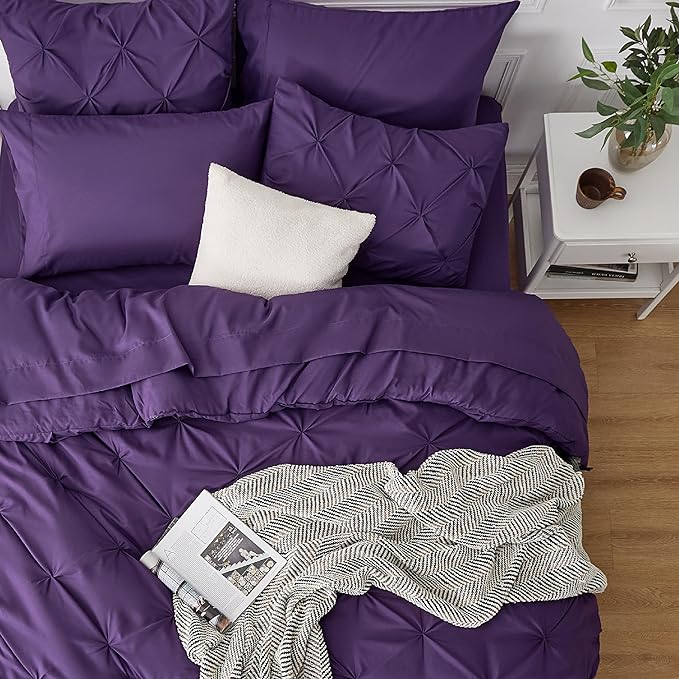 Bedsure King Size Comforter Set - Bedding Set King 7 Pieces, Pintuck Bed in a Bag Purple Bed Set with Comforter, Sheets, Pillowcases & Shams