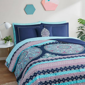 Degrees of Comfort Queen Bed Set, Boho Mandala Comforter Sets with Sheets,Blue Microfibe Bed in A Bag with Side Pockets, Matching Decorative Pillow, 8 Piece Navy