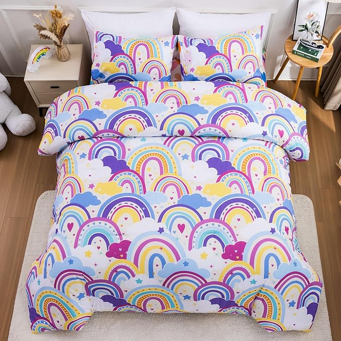 Btargot Lightweight Soft 3 Piece Rainbow Comforter Set with 2 Pillow Covers, Cartoon Love Hearts Flowers and Sun Star Bedding Set for Girls Boys Kids,Twin Light Purple
