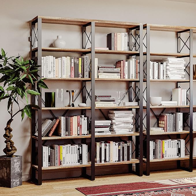 IRONCK Bookshelves Double Wide 6-Tier 76" H, Open Large Bookcase, Industrial Style Shelves for Home Office, Easy Assembly
