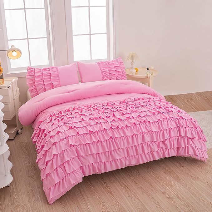 Pink Ruffle Comforter Set Twin, Girls Comforter Set Twin, Princess Comforter Set Twin, Pink Twin Bed Set for Girls, Kids Teen Girls Bedding Sets with 2 Pillowcases