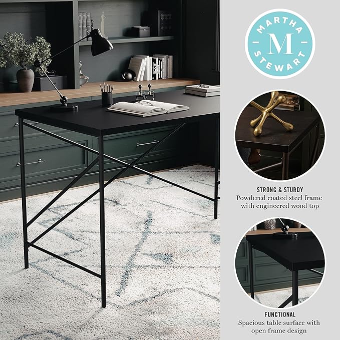 Martha Stewart Maddox Home Office Parsons Desk in Black Wood Grain with Oil Rubbed Bronze Metal X-Frame