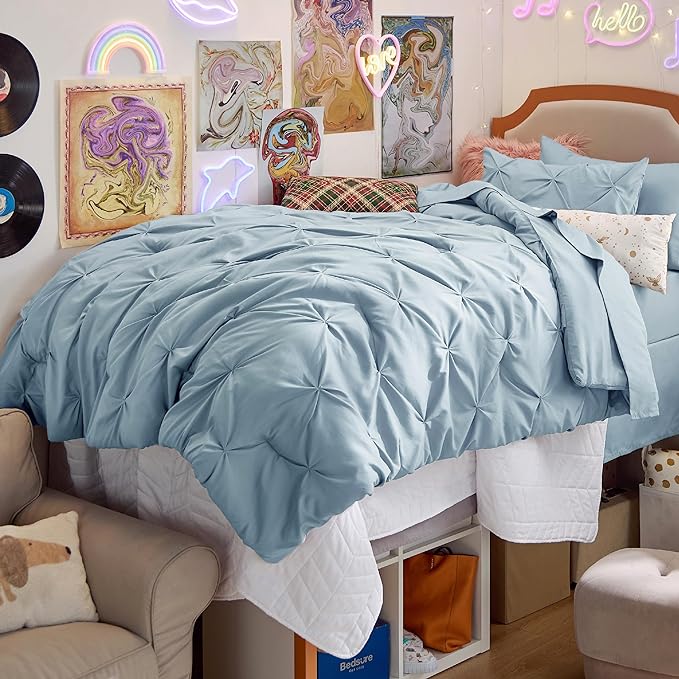 Bedsure Twin XL Comforter Set for Boys - Extra Long 5 Pieces Dorm Bedding Sets, Pinch Pleat Light Blue Bed in a Bag with Comforter, Sheets, Pillowcase & Sham