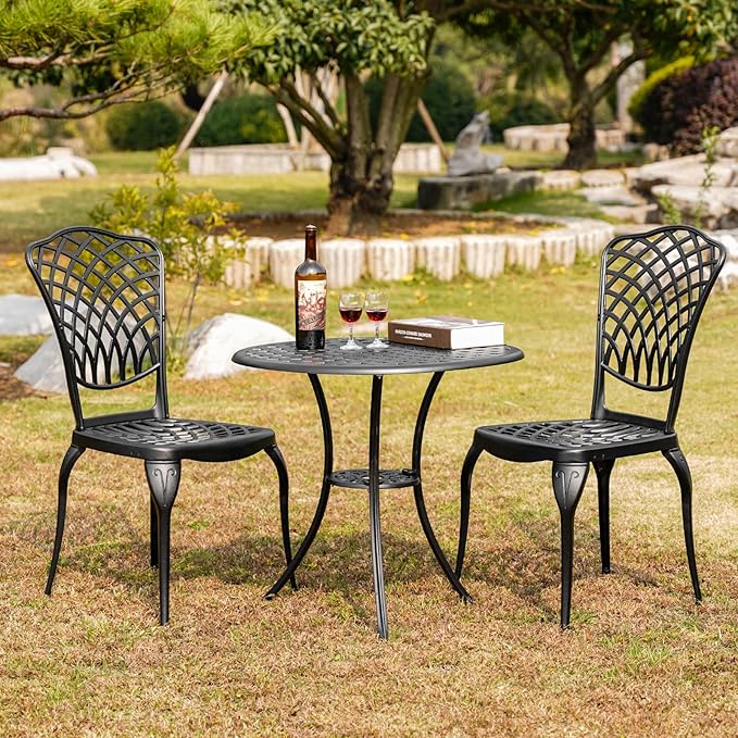 3 Piece Bistro Table Set Anti-Rust Outdoor Bistro Set Cast Alumiunm Patio Table and Chairs Set for 2, Patio Bistro Set Furniture Black