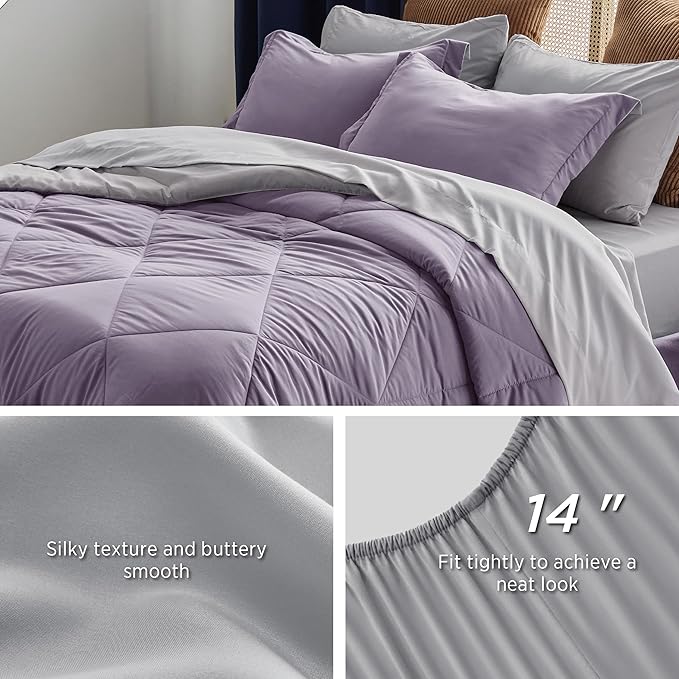 Bedsure Grayish Purple King Size Comforter Set - 7 Pieces Reversible King Bed in a Bag, King Bed Set Grayish Purple and Grey with Comforters, Sheets, Pillowcases & Shams