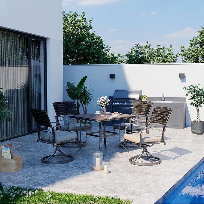 Pamapic 5 Piece Patio Dining Set for 4,Outdoor Wicker Furniture Set for Backyard Garden Deck Poolside with 4 Cushions Swivel Rocker Chairs,Square Plastic-Wood Table Top, Removable Cushions(Beige)