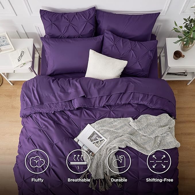 Bedsure Purple Comforter Set Queen - Bed in a Bag Queen 7 Pieces, Pintuck Bedding Sets Purple Bed Set with Comforter, Sheets, Pillowcases & Shams