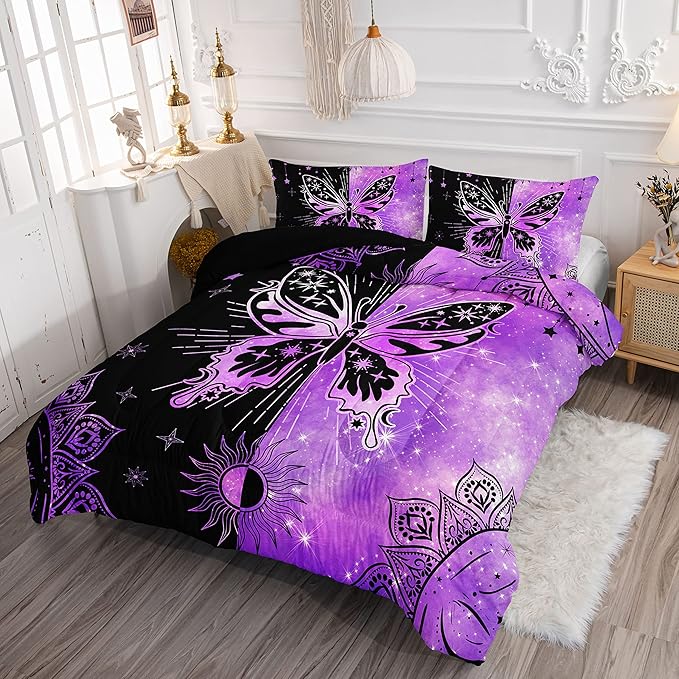 Datura home Black Purple Butterfly Comforter Set for Girls Women,Boho Butterfly Sun and Moon Mandala Printed Bedding Set with 2 Pillowcases(Black Purple Full)