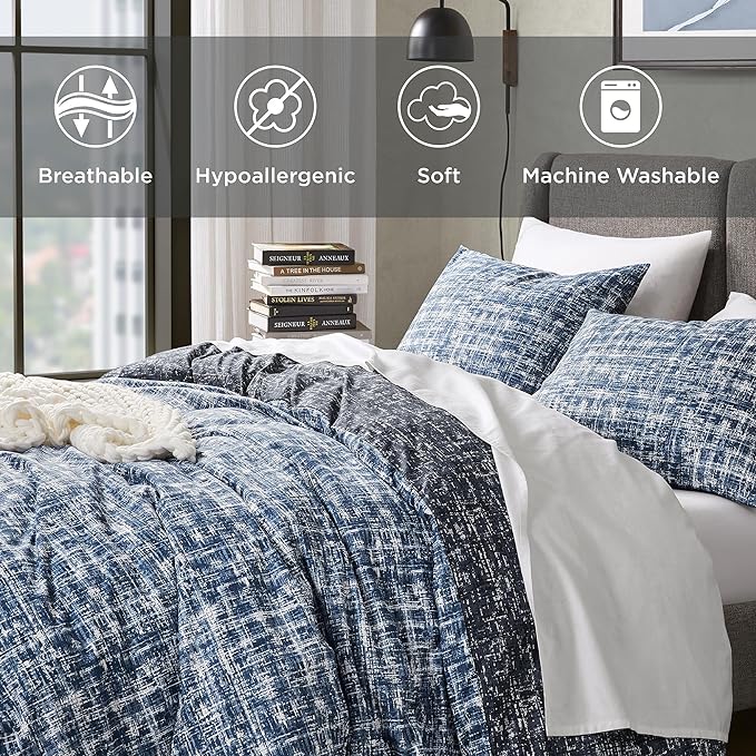 Hyde Lane Comforter King Size for Men, Blue Modern Farmhouse Aesthetic Soft Bedding Set, Masculine Plaid Lines Pattern Bed Sets for All Season, 3 Pieces includes 1 Comforter, 2 Shams (104"x 90")