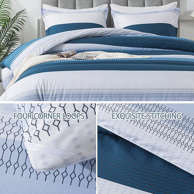 Andency Stripe Comforter Set King Size (104x90 Inch), 3 Pieces Navy Patchwork Striped Comforter, Soft Microfiber Down Alternative Comforter Bedding Set with Corner Loops