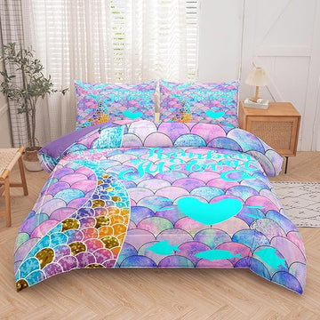 NINENINE Blue and Purple Mermaid Tail Comforter Sets for Girls,Full Size Rainbow Princess Bedding,Girly Glitter Comforter Sets,Sparkly Fish Scales Bedding Sets with 1 Comforter 2Pillowcases