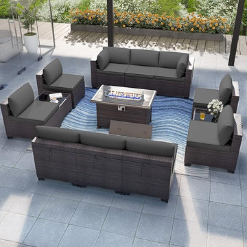 Patio Furniture Set with Fire Pit Table 13-Pieces Outdoor Sectional Furniture Outdoor Rattan Patio Conversation Sets with 43in 55,000 BTU Propane Gas Fire Pit Table Glass Table, Grey