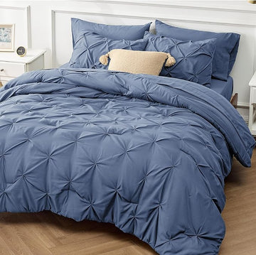 Bedsure Slate Blue King Size Comforter Set - Bedding Set King 7 Pieces, Pintuck Bed in a Bag Green Bed Set with Comforter, Sheets, Pillowcases & Shams