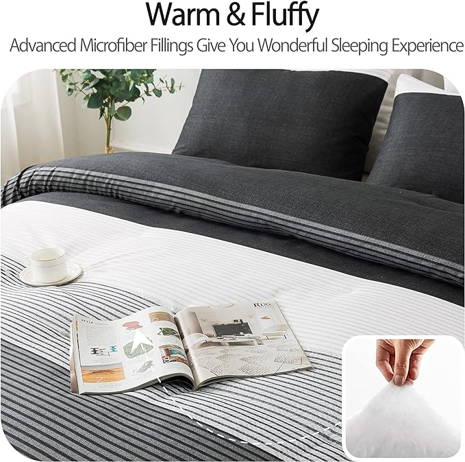 Andency Queen Comforter Set Black,3 Pieces Black White Gray Patchwork Striped Comforter (90x90 Inch), Soft Microfiber Down Alternative Queen Comforter Bedding Sets with Corner Loops