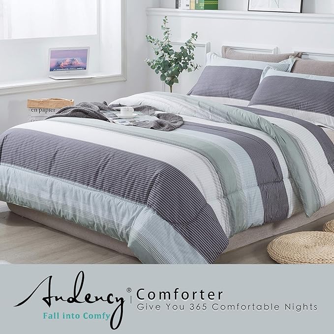 Andency Stripe Comforter Set Twin Size (66x90 Inch), 2 Pieces Mint Green Patchwork Striped Comforter, Soft Microfiber Down Alternative Comforter Bedding Set with Corner Loops (Mint, White, Grey)