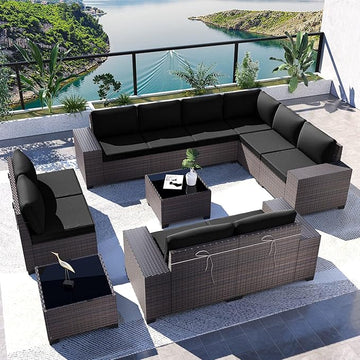Kullavik 12PCS Outdoor Patio Furniture Set PE Wicker Rattan Sectional Sofa Patio Conversation Sets,Black