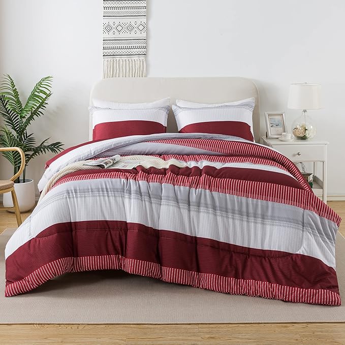Litanika Red Comforter Set Full, 3 Pieces Boy Men Women Girls Christmas Comforter Bedding Set, Burgundy White Colorblock Stripe for Winter (79x90In Comforter & 2 Pillowcases)