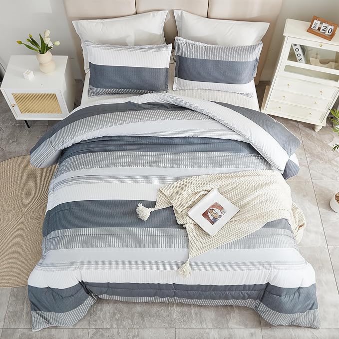 Litanika Twin/Twin XL Comforter Set Dorm Bedding Grey, 2 Pieces Twin Extra Long Comforter & Sets Light Gray White Colorblock Stripe, All Season Bed Set