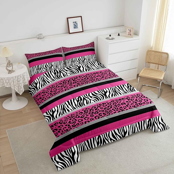 Zebra Stripes Comforter Leopard Print Comforter Set For Kids Boys Girls Pink Black White Zebra Leopard Fur Bedding Set Ultra Soft Decor Wild Animal Skin Texture Pattern Duvet Set Queen Size Quilt Set