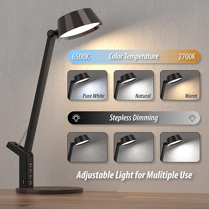 LED Desk Lamp with USB Charging Port, Home Office Desk Lamp Touch Control Dimmable Table Lamp with 3 Color Modes, Eye Caring LED Lamp for Study, Reading, Work (Copper)