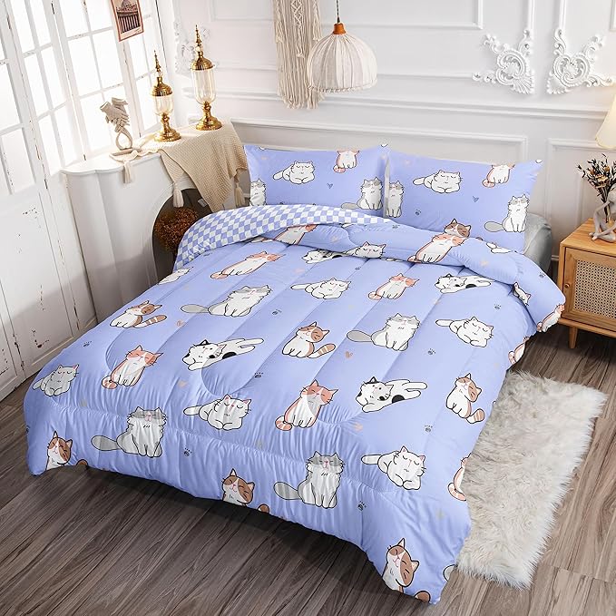 Datura home Purple Kawaii Cat Comforter Bedding Set for Girls Kitten Purple Print Cute Animal Pattern with 1 and 2 Pillowcases Bedroom All Season(Cat Purple Twin), Twin 68x86inches