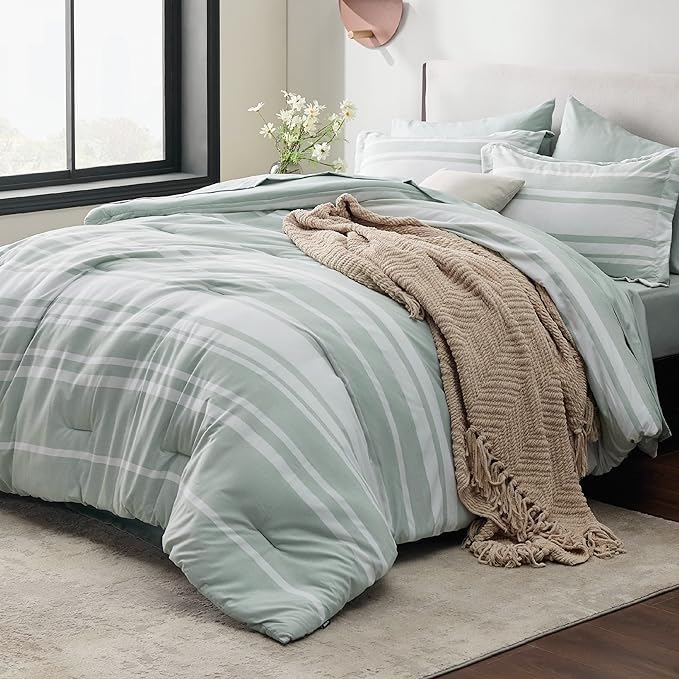 Bedsure Bed in a Bag Full Size 7 Pieces, Sage Green White Striped Bedding Comforter Sets All Season Bed Set, 2 Pillow Shams, Flat Sheet, Fitted Sheet and 2 Pillowcases