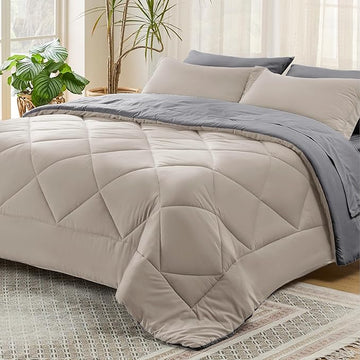 Bedsure Beige Full Comforter Set - 7 Pieces Reversible Bed Set Bed in a Bag Full with Comforters, Sheets, Pillowcases & Shams, Full Bedding Sets