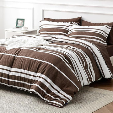 Bedsure Bed in a Bag Queen Size 7-Piece Brown White Striped Bedding Comforter Sets All Season Bed Set, 2 Pillow Shams, Flat Sheet, Fitted Sheet and 2 Pillowcases