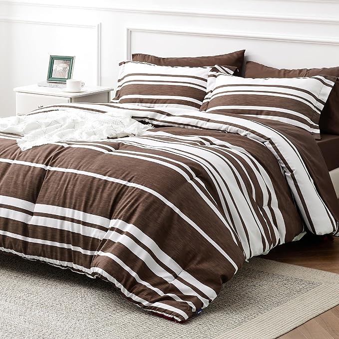 Bedsure Bed in a Bag Queen Size 7-Piece Brown White Striped Bedding Comforter Sets All Season Bed Set, 2 Pillow Shams, Flat Sheet, Fitted Sheet and 2 Pillowcases