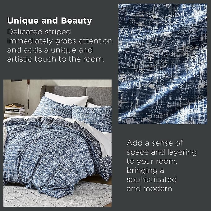 Hyde Lane Comforter King Size for Men, Blue Modern Farmhouse Aesthetic Soft Bedding Set, Masculine Plaid Lines Pattern Bed Sets for All Season, 3 Pieces includes 1 Comforter, 2 Shams (104"x 90")