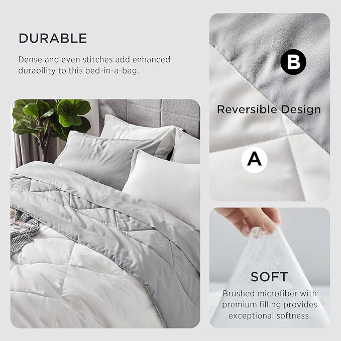 Bedsure Ivory Queen Comforter Set - 7 Pieces Reversible Queen Bed in a Bag, Queen Bed Set Ivory and Grey with Comforters, Sheets, Pillowcases & Shams