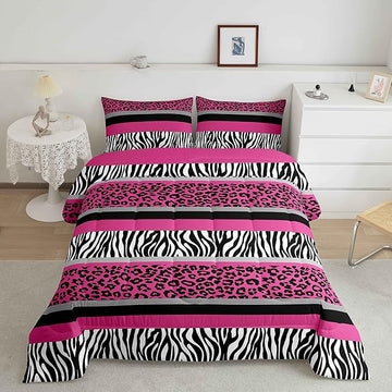 Zebra Stripes Comforter Leopard Print Comforter Set For Kids Boys Girls Pink Black White Zebra Leopard Fur Bedding Set Ultra Soft Decor Wild Animal Skin Texture Pattern Duvet Set Queen Size Quilt Set