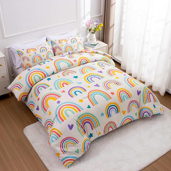 Btargot 3 Piece Kids Rainbow Comforter Set with 2 Pillow Covers, Cartoon Love Hearts Suns and Stars Bedding Set for Girls Boys Kids, Queen Beige