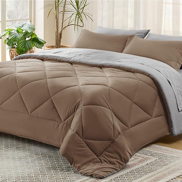 Bedsure Brown Queen Comforter Set - 7 Pieces Reversible Queen Bed in a Bag, Queen Bed Set Brown and Grey with Comforters, Sheets, Pillowcases & Shams