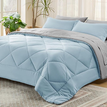 Bedsure Sky Blue California King Size Comforter Set - 7 Pieces Reversible Cal King Bed in a Bag Bed Set with Comforters, Sheets, Pillowcases & Shams, California King Bedding Sets